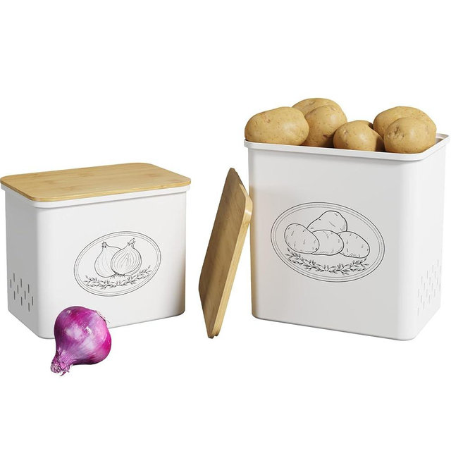 Lifewit Plastic Potato and Onion Storage Bin, Stackable Garlic Keeper with Aerating Holes and Lid, Vegetable Container Box for Pantry Countertop, White, 24 x 18 x 24 cm/9.5 x 7 x 9.5 inch, Set of 2