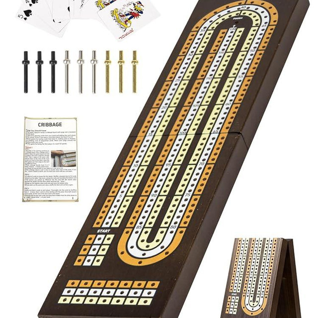 WodGod Cribbage Board Game Set,with 9 Metal Pegs,2 Decks of Playing Cards,Built-in Magnetic Storage,Instruction Included, Foldable, Easy to Store and Carry (3 Track Board)