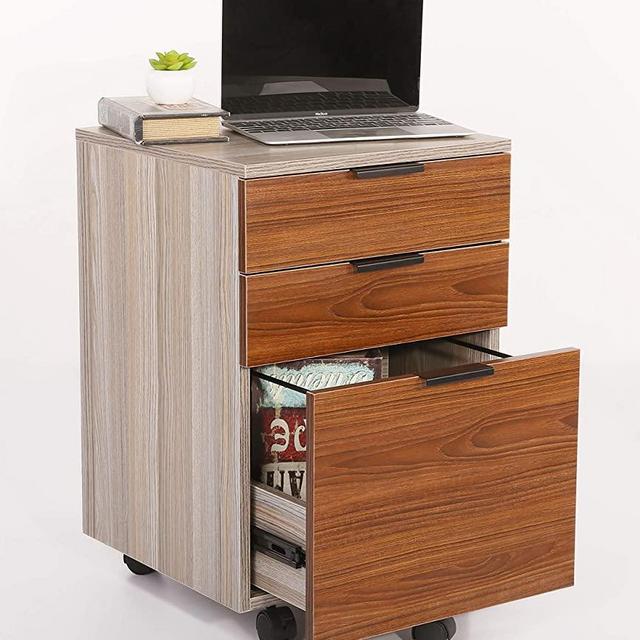 JJS 3 Drawer Rolling Wood File Cabinet with Locking Wheels, Home Office Portable Vertical Mobile Wooden Storage Filing Cabinet for A4 or Letter Size, Brown