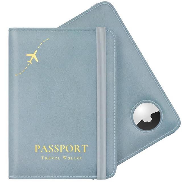 Stouchi AirTag Passport Holder, Cute Passport Holder with Airtag Slot, RFID Passport Wallet Cover for Women, Family Leather Passport Protector Case, Anti-Lost Travel Essentials, Sky Blue