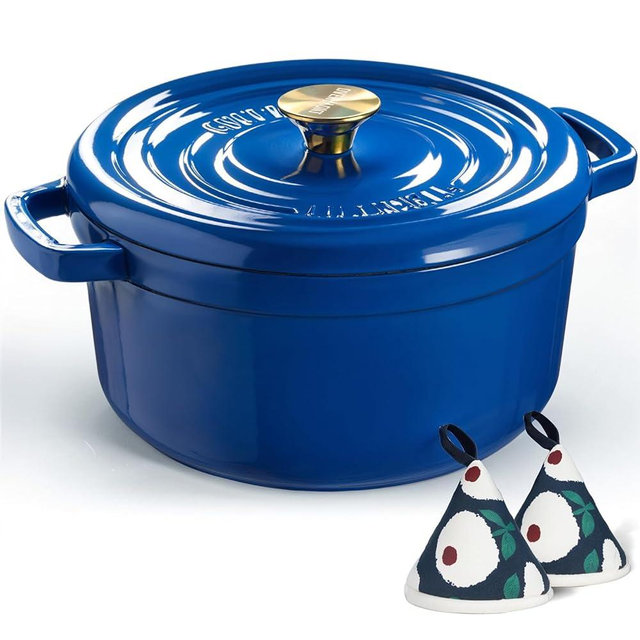 Overmont Enameled Cast Iron Dutch Oven - 5QT Pot with Lid Cookbook & Cotton Potholders - Heavy-Duty Cookware for Braising, Stews, Roasting, Bread Baking blue