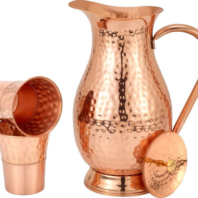 Pure Copper Pitcher Large (70 oz. /2000 ml) with 2 Stylish Tumblers for Drinking Water | Vase | Water Jug Set
