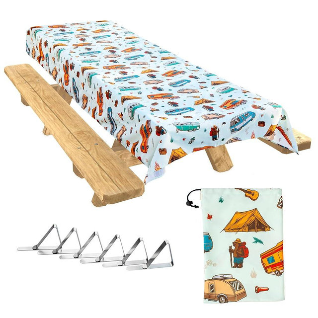 Jolly Camper Vintage RV Camping Tablecloth, Picnic Tablecloth, Fits 4ft to 8ft Picnic Tables, Polyester, Washable & Reusable, Spill & Stain Resistant, Water Repellent, Table Cloth for Picnic Table