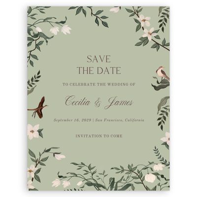 Olive Sage, Green Wedding Digital Save the Date - Oiseau Portrait