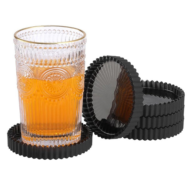 OGANAZI Drink Coaster Set of 5- Coffee Table Coasters, Round Cup Mats Home Décor Accents, Cup Coaster, Glass, Black, Coasters for Office, Kitchen, Bar, Dining Room, Living Room, Patio