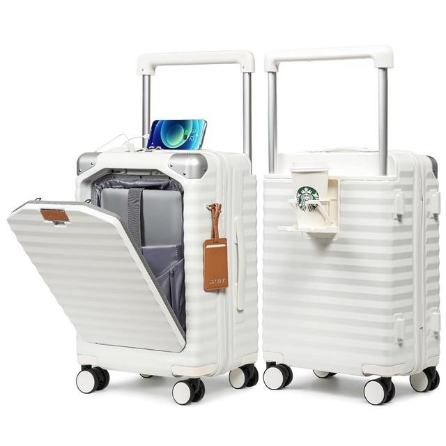Joyway 20 Inch Carry on Luggage with Front Pocket, PC Hardshell Carry-on Suitcase with USB Port and Cup Holder, Luggage with Spinner Wheels and TSA Lock (White)