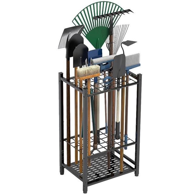 Sttoraboks Garden Tool Organizer, Yard Tool Tower Rack for Garage Organization and Storage, Up to 35 Long-Handled Tools/Rakes/Brooms, Heavy Duty Steel Garden Tool Stand for Shed, Outdoor, Home, Black