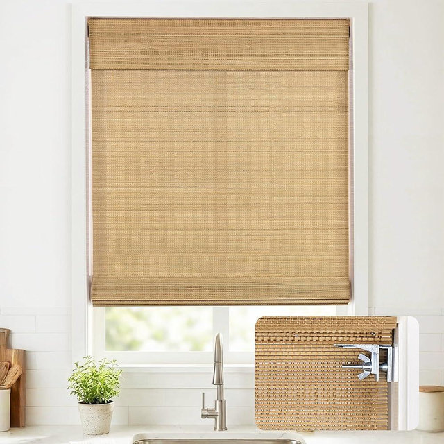 UNISHADES No Drill Cordless Bamboo Roman Shades, Light Filtering Woven Natural Bamboo Window Covering, Easy Install Roman Style Shade, for Window Size 42.5" W × 64" H - Carbonized