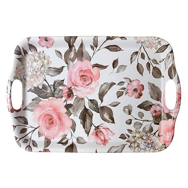 April Box–Melamine Serving Tray–Elegant Plastic Serving Tray–18 x 12 x 1-inch Large Serving Platter with Floral Print–Top-Quality Materials and Durable Design–Integrated Side Handles