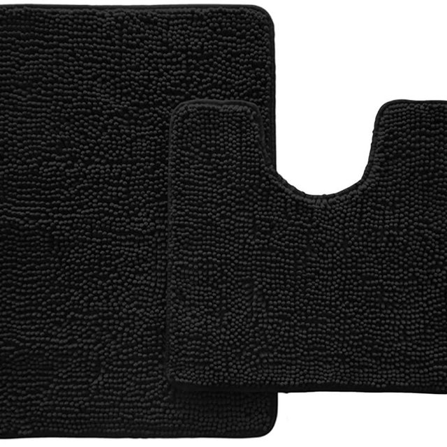Gorilla Grip Soft Chenille Area Rug Set, 2 Piece Sets, Toilet Base Mat & 30x20 Mat, Absorbent Washable Mats, Microfiber Dries Quickly, Bath Rugs for Tub, Bathroom, Black