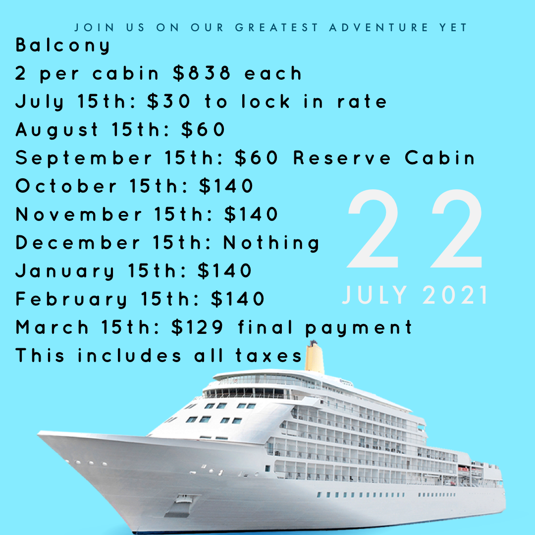 2 People Balcony
Call Carnival to book Mon-Fri 9am-6pm EST
1-800-438-6744
Booking #H72VF7 Anwar & Lovey's Wedding
Late Dining
PRICES ARE SUBJECT TO CHANGE AFTER JULY 15, 2020