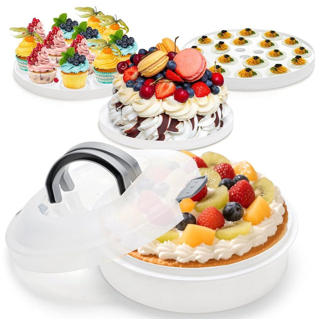 Lawei 12 Inch Round Dessert Carrier with Lid and Handle, 3-In-1 Portable Food Container for Pie, Cupcake, Cheesecake, Deviled Egg, Plastic Cake Transport Container Egg Holder for Picnics, Easter