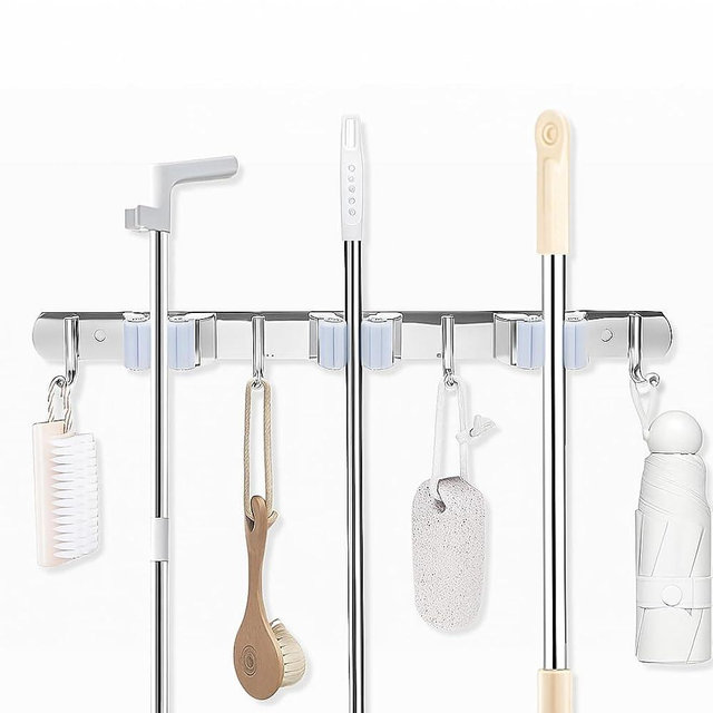 DGSL 1 PCS Broom Holder Wall Mount with 3 Racks 4 Hooks, Stainless Steel Wall Mounted Organizer Mop and Broom Storage Tool Rack for Home Kitchen Garden