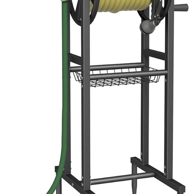 Garbuildman Ground Mount Garden Hose Reel Holds 125 Feet of 5/8-Inch with 3.9 ft Leader Hose, Brass Fitting, Water Hose Holder Stand with Storage Rack & 4 Spikes Base for Outdoor Lawn, Black