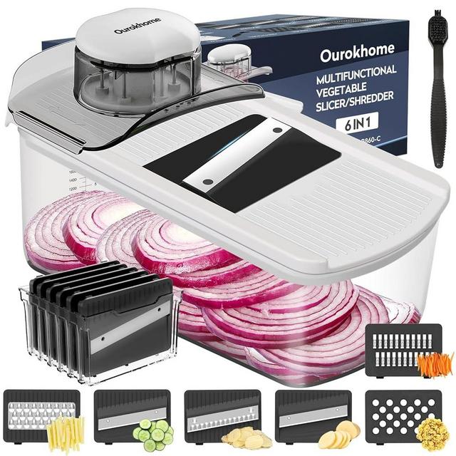 Ourokhome Mandolin Food Slicer, Hand Safe Kitchen Vegetable Shredder with 6 Mandoline Blades, Veggie Waffle Cutter for Potato, Carrot, Zucchini, Onion, Essential Kitchen Gadgets (6 in 1, White)