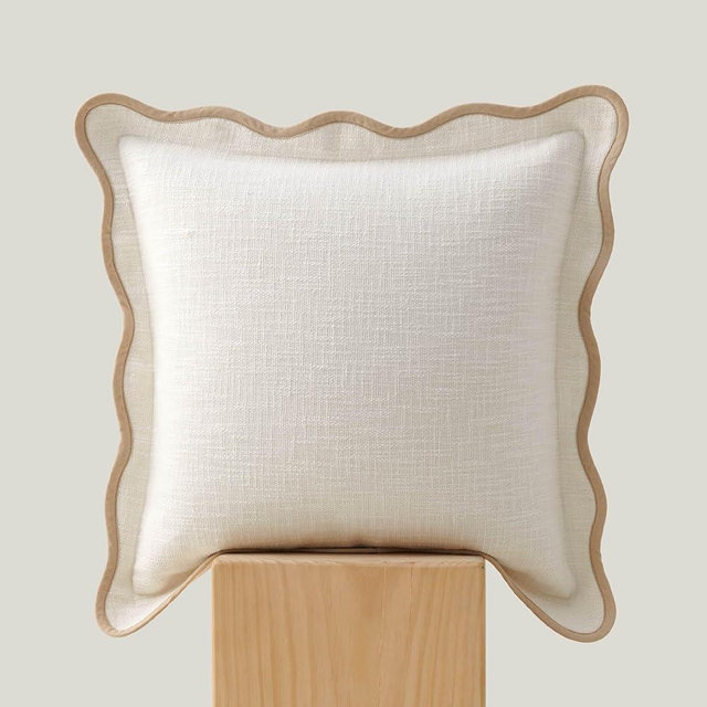 Double Stitch Scalloped Throw Pillow Covers - 100% Cotton Set of 2 Decorative Boho Pillow Covers 20 x 20, Made in India, Square Cushion Case, Modern Home Decor for Couch Sofa Living Room, Cream