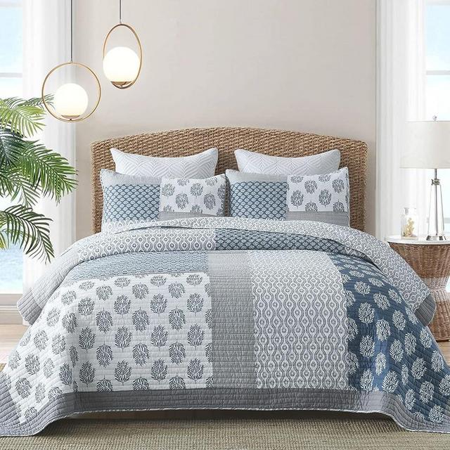 Y-PLWOMEN King Size Quilt 100% Cotton Summer Quilt King Size, Blue Farmhouse Bedspread, Lightweight Soft King Quilt Sets for All Season, 3 Piece
