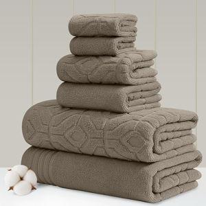 Modern Threads 6 Piece Cotton Bath Towel Set – Ultra Soft 550 GSM Towels – Bathroom Set with Hand Towels and Washcloths – Geometric (Classic Taupe)