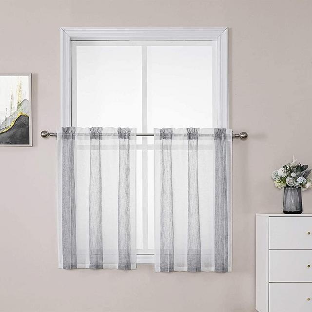 Haperlare Grey and White Kitchen Window Curtain Tiers, Vertical Striped Sheer Bathroom Window Curtain, Vintage Linen Textured Look Half Window Covering Voile Cafe Curtains, 27" W x 24" L, Set of 2