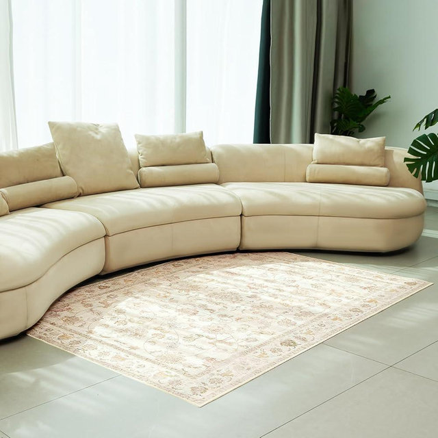 Inlume 5x7 Soft Washable Area Rugs for Living Room and Bedroom, Non-Slip Stain Resistant Indoor Carpet, Cozy Floor Mat for Dining Room, Office, Under Table​Stain Resistant Persian Beige Floral