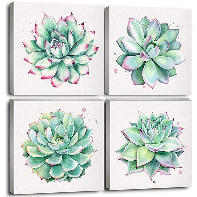 Suculents Wall Art Decor Simple Life Bathroom Artwork Canvas Prints 12x12 Inch 4 Panels/Pieces Watercolor Nature Cactus Green Rose Plants Painting Poster Framed Picture for Living Room Home Decoration