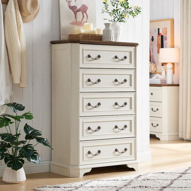 T4TREAM Vintage Farmhouse 5 Drawers Dresser Chests for Bedroom, Wood Rustic Tall Chest of Drawers, Dressers Organizer for Bedroom, Living Room, Hallway, Antique White