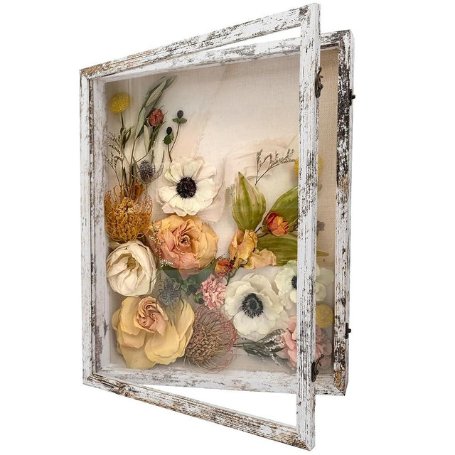 GraduationMall 16x20 Wood Shadow Box Frame Glass Door Display Case with Linen Back and 6 Stick Pins,1.5 inches Interior Depth,Ideal for Memorabilia Pictures Flowers Medals Tickets Rustic White