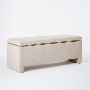 Nailhead Upholstered Storage Bench, Linen Weave, Natural