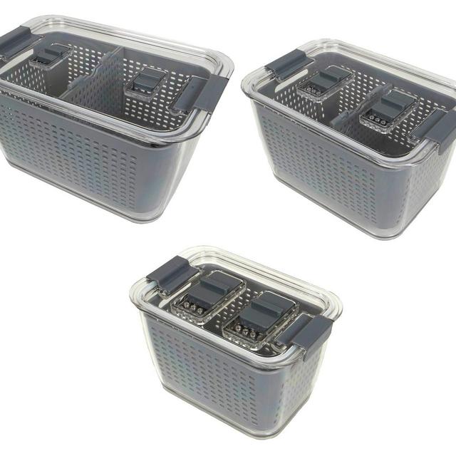 Kitchen Spaces Gray Colander Bin Variety Pack, Fridge Organizers, Produce Storage, Keep Vegetables Fresh, Lettuce, Grape or Strawberry Holder, Three Sizes