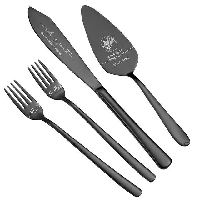 AW BRIDAL 4Pcs Cake Cutting Set for Wedding with Forks, Stainless Steel Engraved Wedding Cake Knife Pie Server Gifts for Bridal Shower Engagement, Black