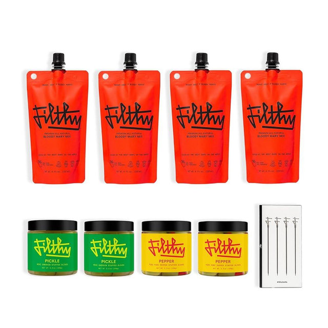 Filthy Bloody Mary Cocktail Kit, Includes Pickle Stuffed Olives, Pepper Stuffed Olives, 4 All-Natural Bloody Mary Mix Pouches & 4 Stainless Steel Cocktail Picks