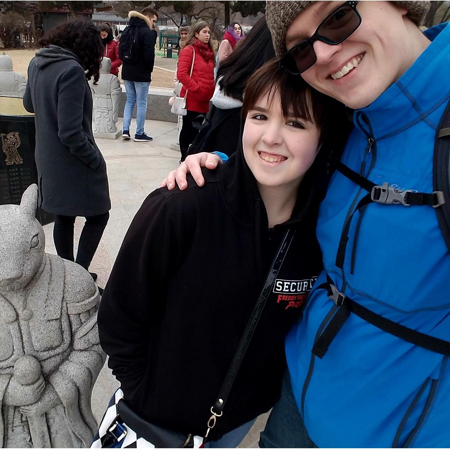Our first photo at a traditional Korean exhibit. It was so pretty and it was raining the entire tour of Seoul, South Korea.