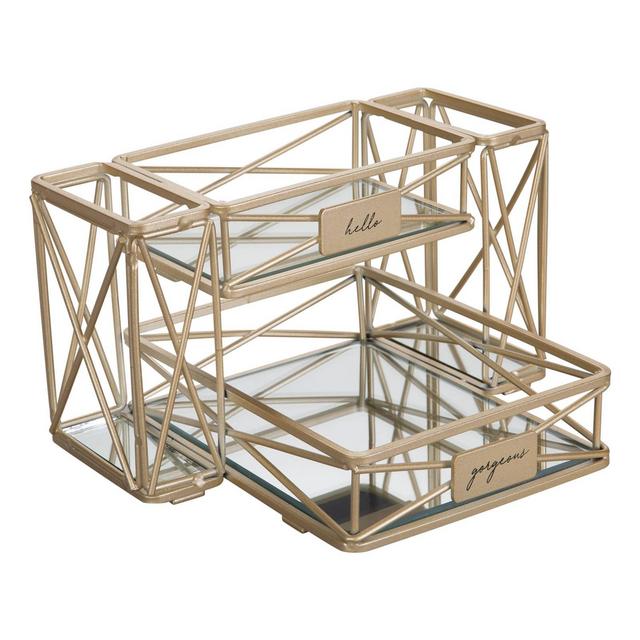 2 Tier with 2 Compartment Sleek Vanity Tower Satin Gold - Home Details