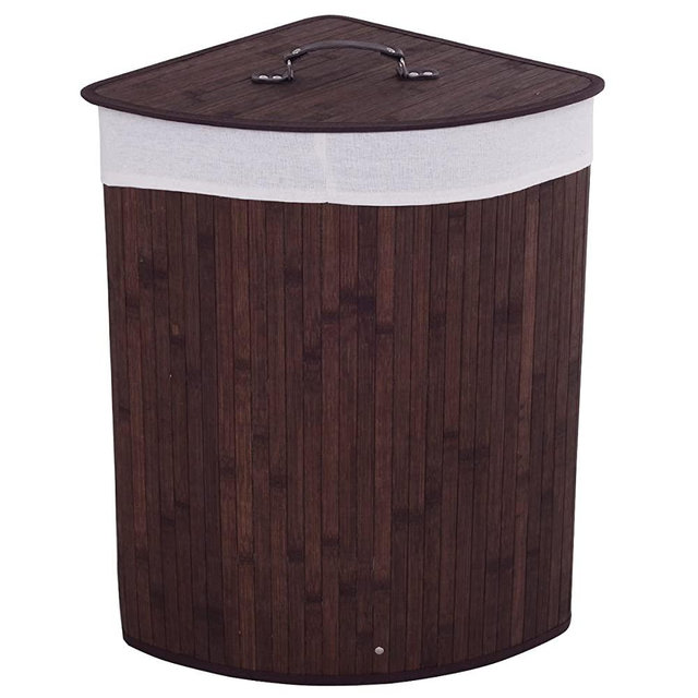 Giantex Corner Laundry Hamper with Lid, Bamboo Laundry Basket with Removable Liner and Handle, Clothes Basket for Cloth Organize, Clothes Storage Bin for Bedroom, Laundry, Living Room (Brown)