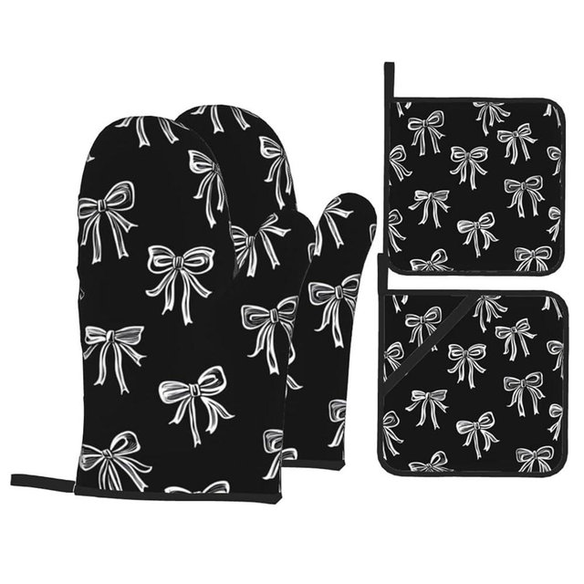 4 Pcs Black White Bows Oven Mitts and Potholders,Kitchen Oven Glove with Pot Holders,Non-Slip Gloves High Heat Resistant 500 Degree for BBQ, Grill, Baking, Cooking, Oven, Microwave