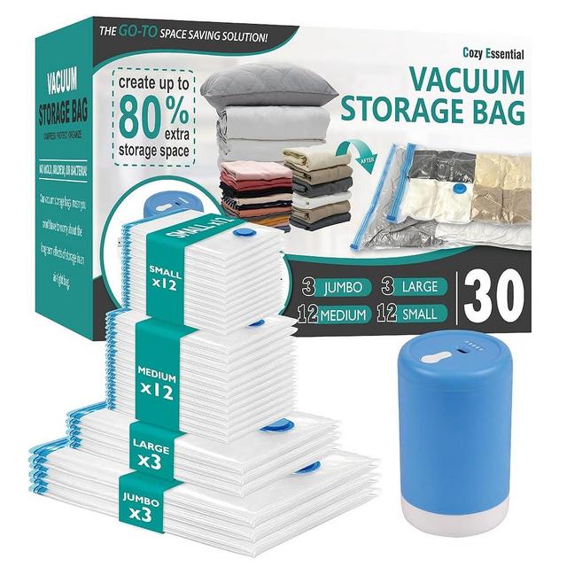 Vacuum Storage Bags with Electric Pump, 30 Pack (3 Jumbo/3 Large/12 Medium/12 Small) Vacuum Seal Space Saver Bags for Clothing, Pillows, Blanket, Bedding, Comforters