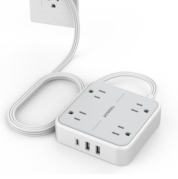 TESSAN Surge Protector Flat Extension Cord 5Ft, Flat Plug Power Strip with 4 Outlets 3 USB Ports (1 USB C), 900 Joules Protection, Multiple Wall Outlet Extender Suitable for Home Office Dorm, Grey
