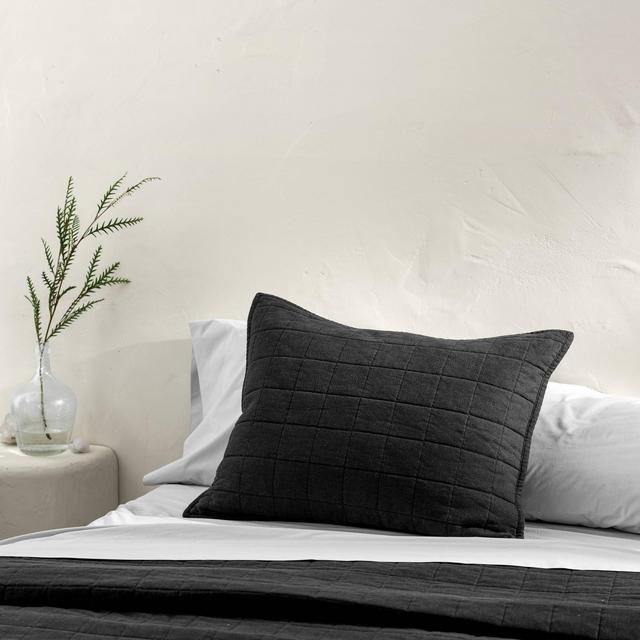 Euro Heavyweight Linen Blend Quilted Pillow Sham Washed Black - Casaluna™