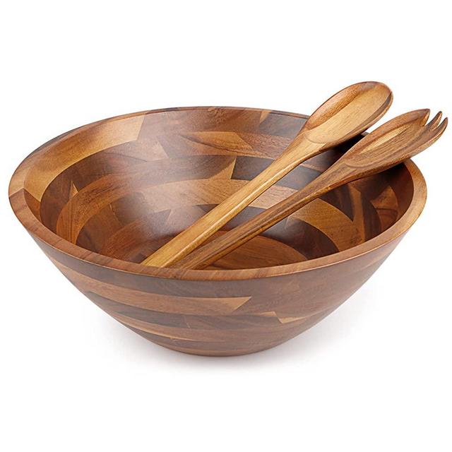 Acacia 3-Piece Wooden Salad Bowl Set,Large Salad Bowl with Server,for Fruits, Salad, Cereal or Pasta