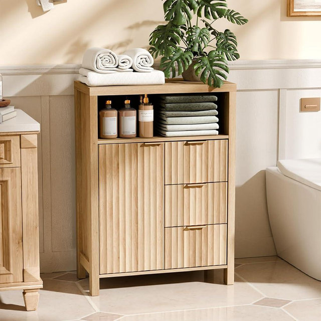 VINGLI Fluted Bathroom Floor Storage Cabinet with Fluted Door 3 Drawers,Modern 12 Inch Deep Short Bathroom Storage Cabinet Organizer Free-Standing for Small Space w/Adjustable Shelf,Natural Oak Color