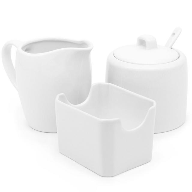 Kook Sugar and Creamer Set, 3 Piece, Pitcher, Sugar Bowl with Lid and Spoon, Sweetener Holder, White
