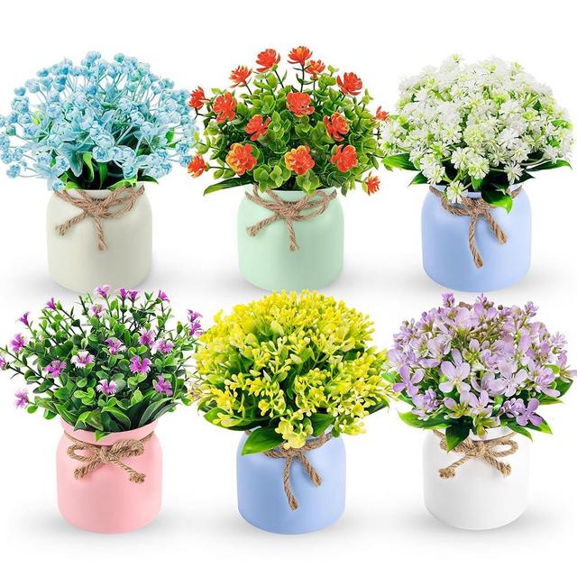 Der Rose 6 Pack Fake Plants Flowers Small Artificial Faux Plants in Plastic Macaron Pot for Home Bathroom Office Desk Accessories Wedding Decor Indoor