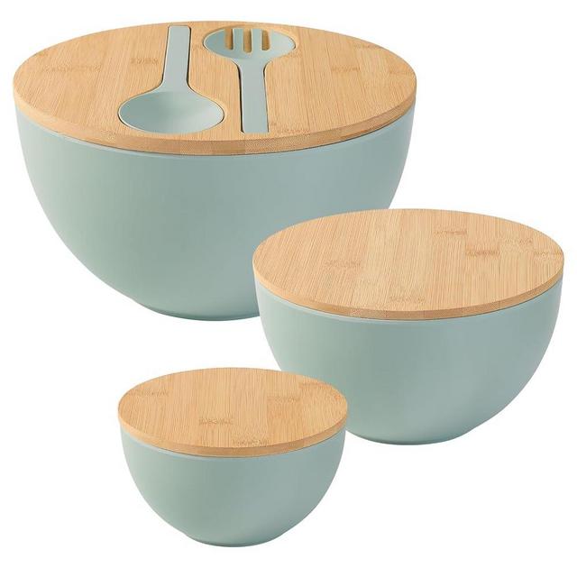 ECOWAY Salad Bowls Set of 3 with Lid & Serving Utensils, Bamboo Fiber Mixing Bowls Set Large Serving Bowls & Storage Set with Bamboo Lid for Salad, Kitchen Eating, Pasta, Popcorn, Chips, Fruit, Cyan