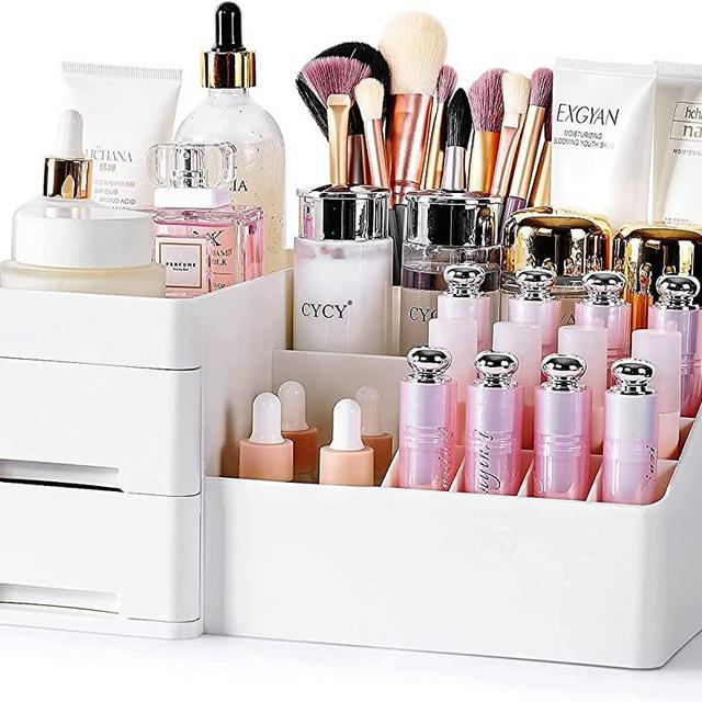 BREIS Makeup Organizer with 2 Drawers for Vanity,Large Capacity Organizer Cosmetic Storage Display Case,Perfect for Bedroom and Bathroom Countertops,Off-White