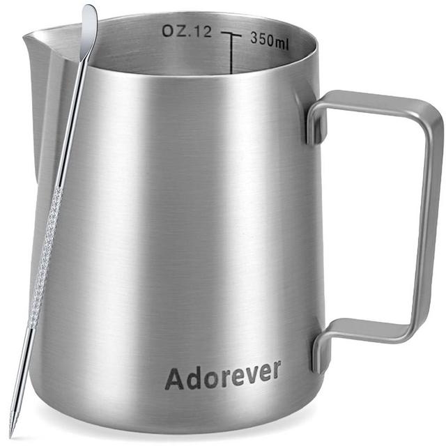 Milk Frothing Pitcher, 12oz Stainless Steel Milk Frother Cup Steaming Pitcher, Cappuccino Espresso Accessories Coffee Bar Barista Tools, Metal Steamer Cup Milk Jug with Latte Art Pen, Matte Steel