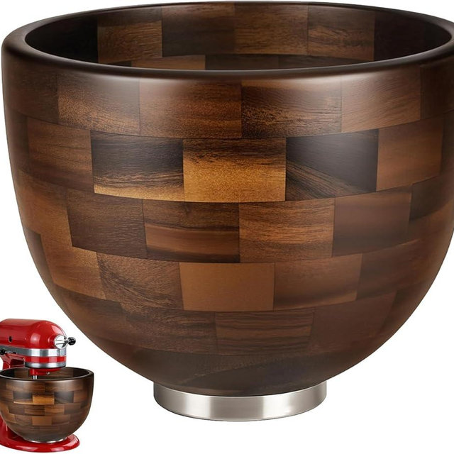 Premium Walnut Wood Mixing Bowl, Compatible with KitchenAid 4.5 & 5 QT Tilt-Head Mixers, Natural True Walnut Wooden Bowl with Stainless Steel Locking Base, 5QT