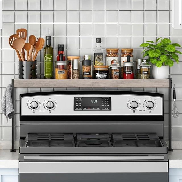 EffiJoy Spice Rack Shelf for Kitchen Stove, Over The Stove Shelf with 4 Level Adjustable Height, Over Stove Spice Rack with 4 Hooks, Grey + Black