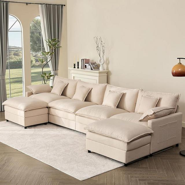 GOSUHI 142.5" U Shaped Couch, Modular Sectional Sofa, 3-Seater Comfy Cloud Couch with Movable Ottoman, Deep Seat Couches for Living Room, Linen, Beige