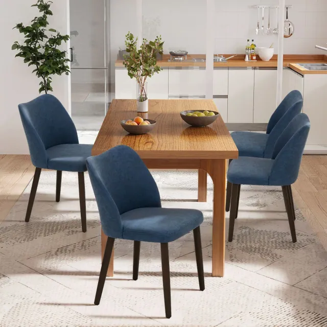 Set of 4 Wood Ergonomic Curved Dining Chairs – Modern Upholstered Chair for Kitchen, Dining Room, or Café, Blue