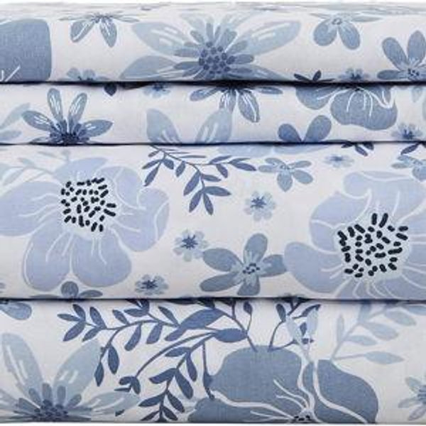 Mooreeke King Size Sheets Set - 4 Piece Soft Breathable Microfiber Bed Sheet Set - Blue & White Flower Pattern Sheet Set King - Deep Pocket Non-Slip Floral Fitted Sheet Included for All Season